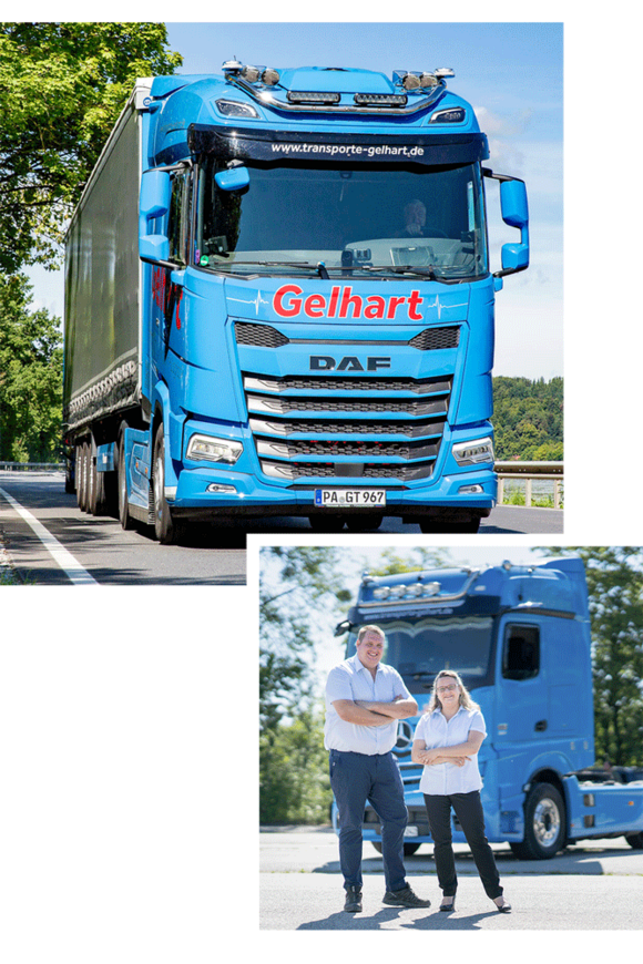 Foto eines blauen LKWs der Spedition Gelhart und ein Foto mit einem LKW vor dem Josef und Silvia Gelhart stehen
