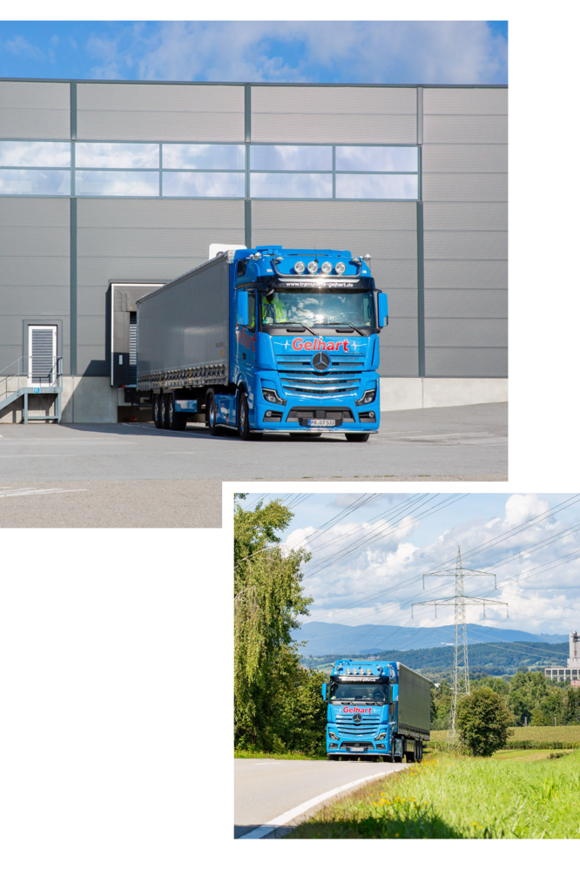 Zwei Fotos von blauen LKWs der Firma Gelhart