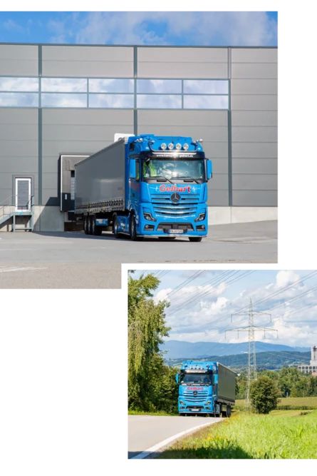 Zwei Fotos von blauen LKWs der Firma Gelhart
