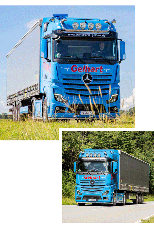 Zwei Frontansichten von blauen LKWs der Spedition Gelhart